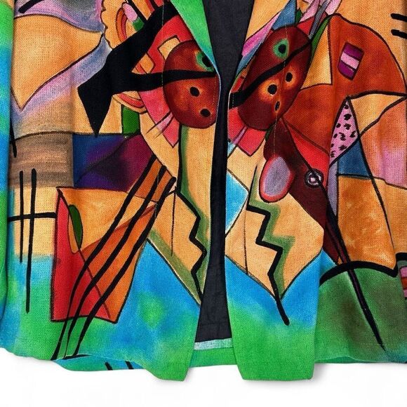 Vtg 90s Dilemma Dhun Schroff 100% Silk Abstract Cubism Art Wear Open Blazer OS - Picture 8 of 13